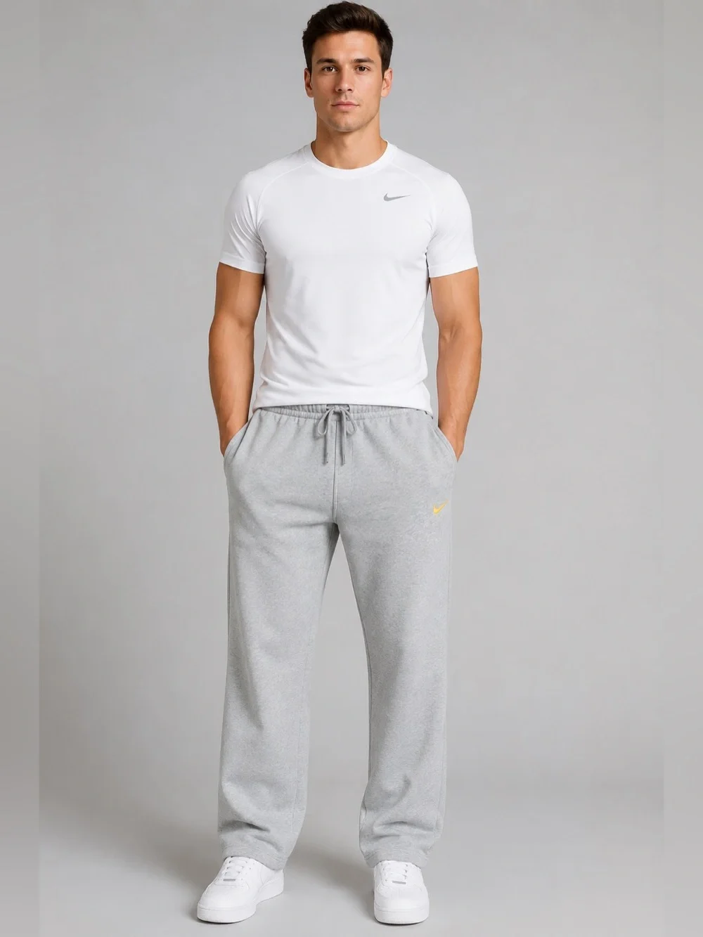 Nike Club Fleece Gray Sweatpants Large Yellow Swoosh Open Leg